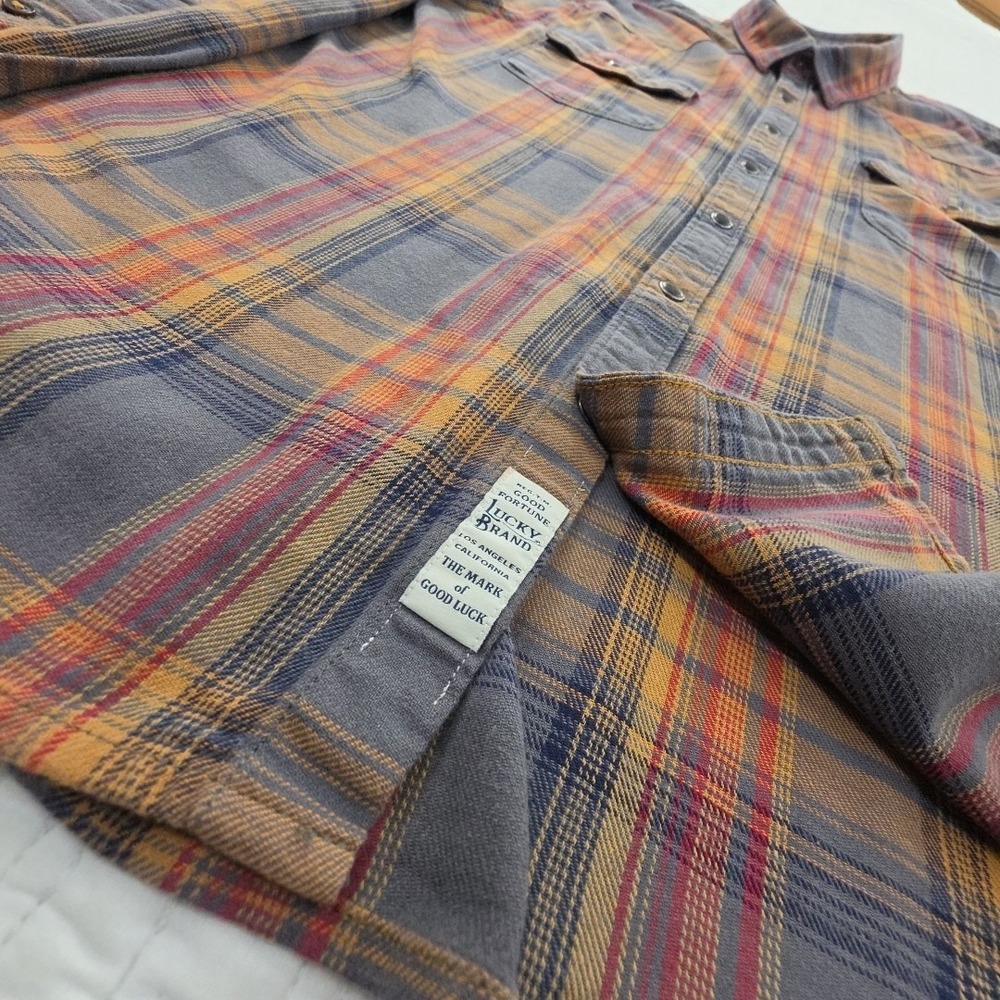 Lucky Brand Shirt Men's L Orange Gray Grey Plaid Saturday Stretch Snap Buttons - Picture 3 of 16